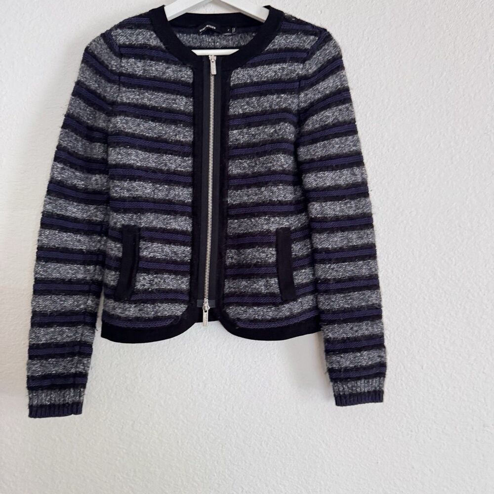 Karen Millen Cardigan Sz 4 Gray Black Blue Striped Cotton Mohair Blend Zip Pocke